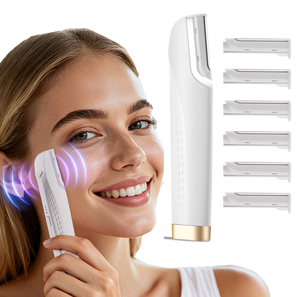 Electric Sonic Dermaplaning Razor for Women Facial Exfoliation Hair Remover LED Portable Shaver with 6 Cutter Heads for Skin